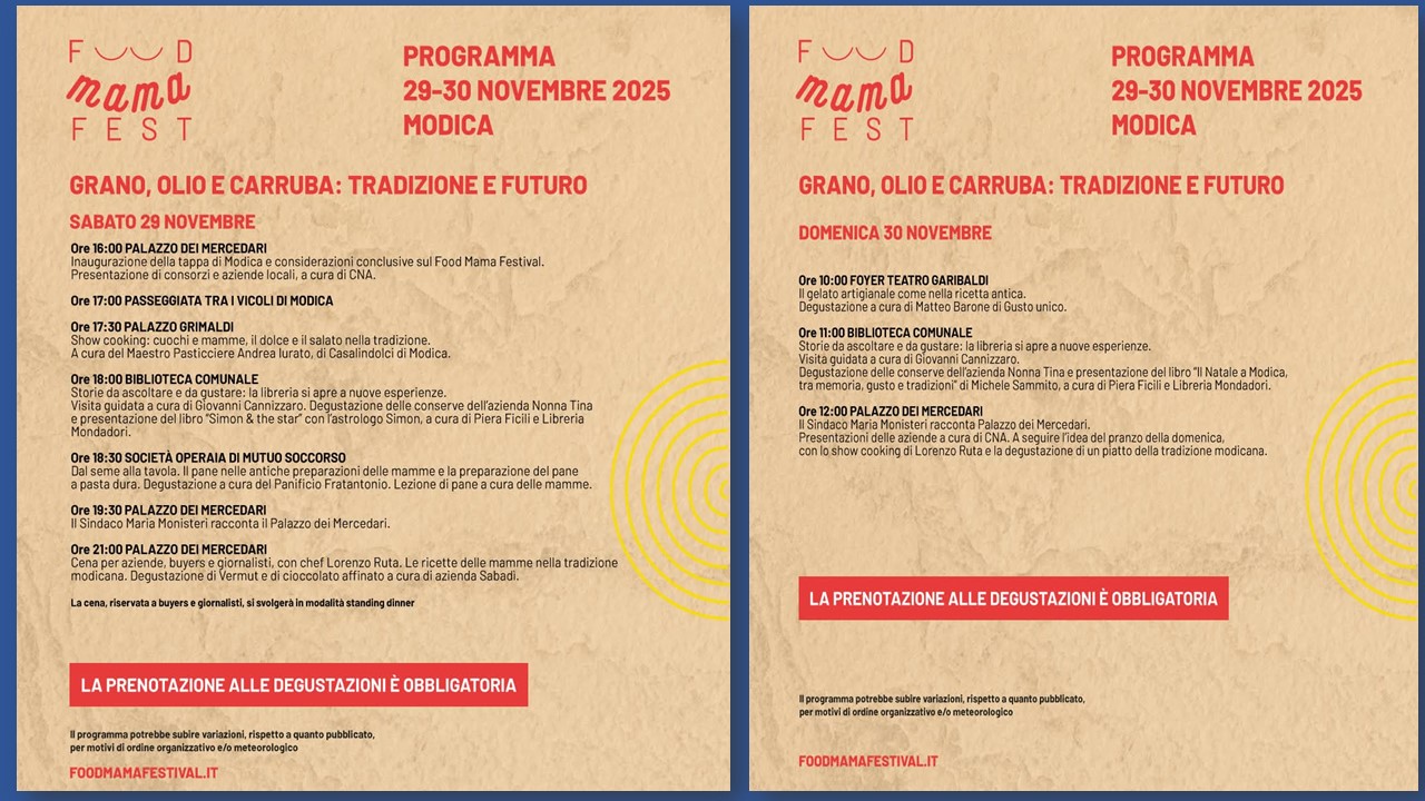 Il Food Mama Festival si conclude a Modica il 29 e il 30 novembre