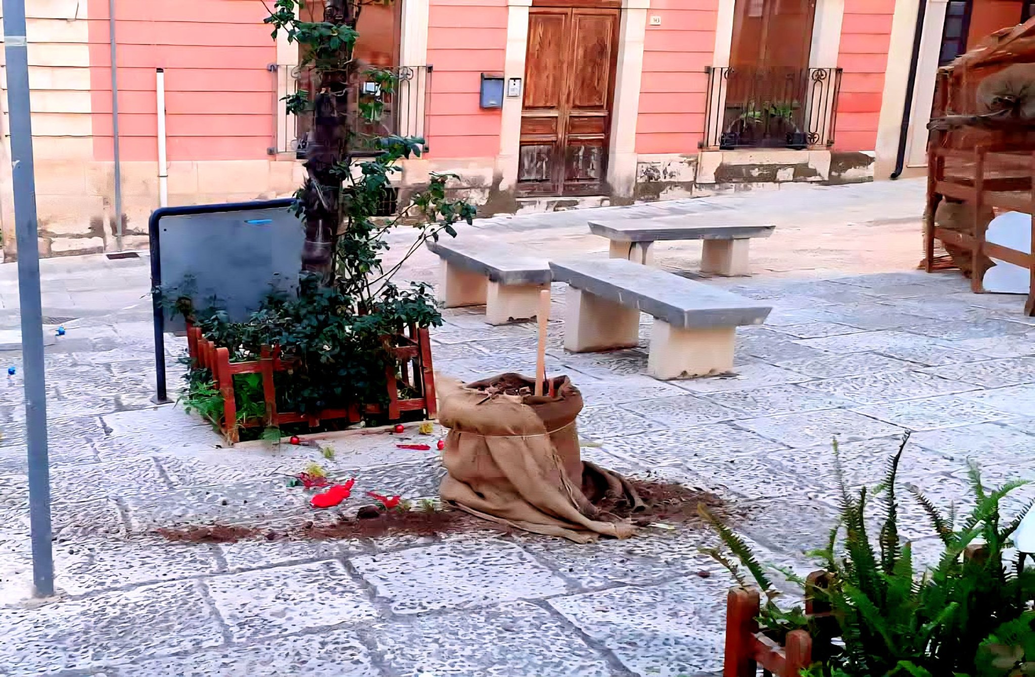 Comiso, rubato l’albero di Natale della comunità di San Giuseppe: un gesto che ferisce la città